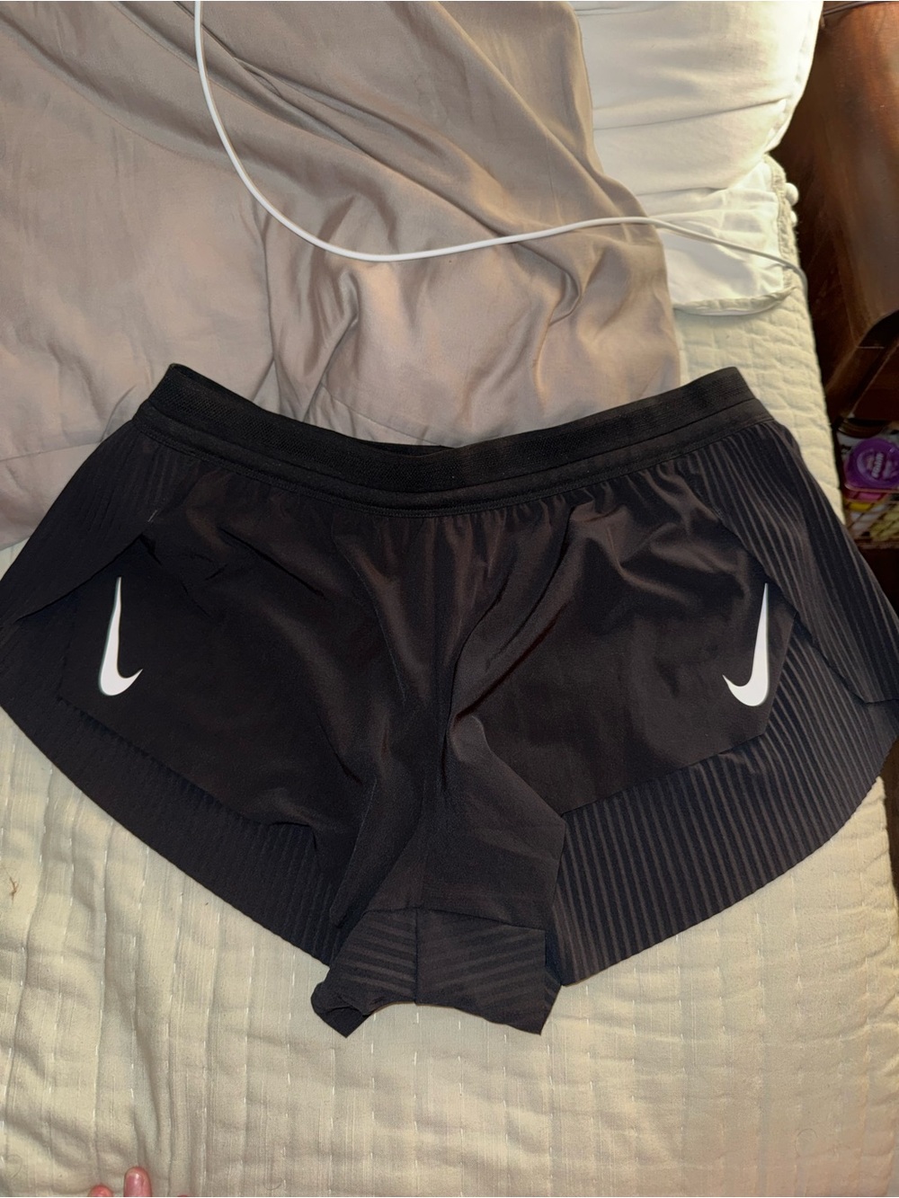 Nike Women's Black Aeroswift Athletic Running Shorts with White Swoosh